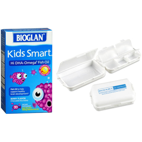 Bioglan Kids Smart Hi DHA Omega-3 Fish Oil 30 Chewable Busrtlets and Biosource Nutrition Pill Box - Biosource Nutrition
