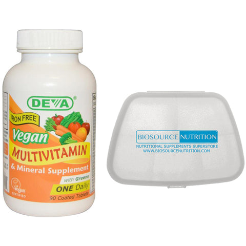 Deva Vegan Multivitamin and Mineral Supplement Iron Free 90  Coated Tablets and Biosource Nutrition Pocket Pill Pack - Biosource Nutrition