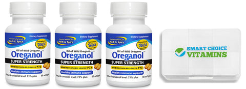 North American Herb & Spice Oreganol Super Strength P73 Gelcaps (3 Pack) and Smart Choice Vitamins Pocket Pill Box - Biosource Nutrition