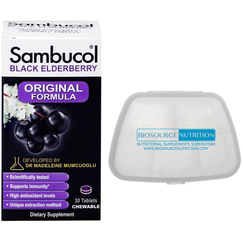 Sambucol Black Elderberry Original Formula 30 Chewable Tablets and Biosource Nutrition Pocket Pill Pack - Biosource Nutrition