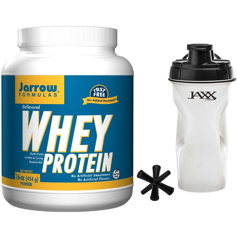 Jarrow Formulas Whey Protein Unflavored 16 oz. (454 Grams) & Jaxx Shaker Black 28 oz Bundle - Biosource Nutrition