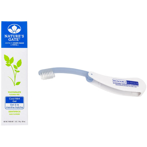 Nature's Gate Toothpaste Cool Mint Gel 5 oz and Biosource Nutrition Travel Toothbrush - Biosource Nutrition