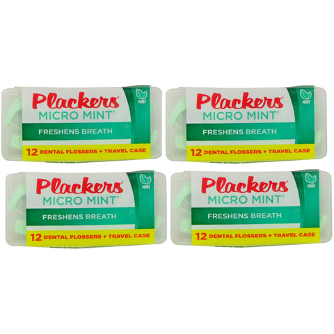 Plackers Micro Mint 12 Dental Flossers with Travel Case (4 Pack) - Biosource Nutrition
