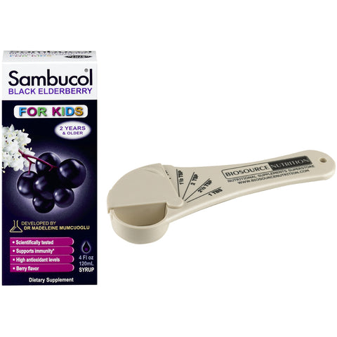 Sambucol Black Elderberry For Kids Syrup 4 fl.oz and Biosource Nutrition Measuring Spoon - Biosource Nutrition