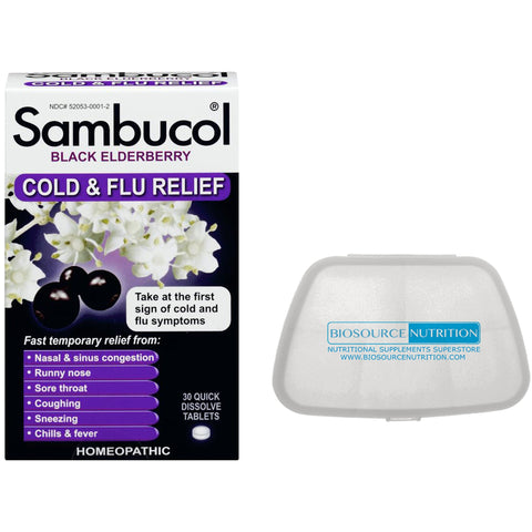Sambucol Black Elderberry Cold and Flu Relief 30 Quick Dissolve Tablets and Biosource Nutrition Pocket Pill Pack - Biosource Nutrition