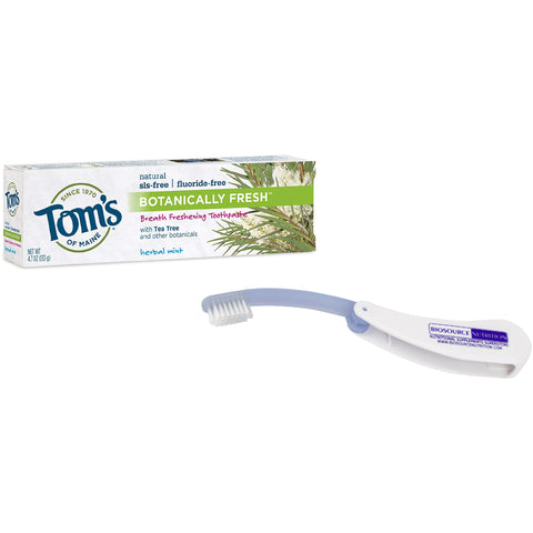 Tom's of Maine Botanically Fresh Herbal Mint Toothpaste 4.7 oz and Biosource Nutrition Travel Toothbrush - Biosource Nutrition